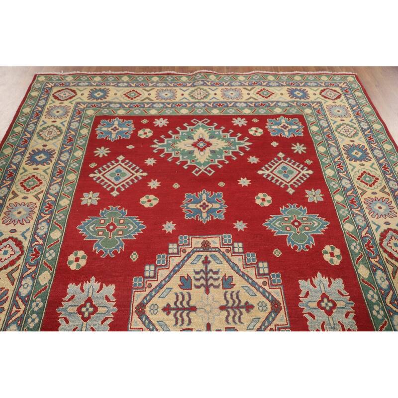 Geometric Red Kazak Area Rug Hand-Knotted Oriental Wool Carpet - 6'8" x 10'2"