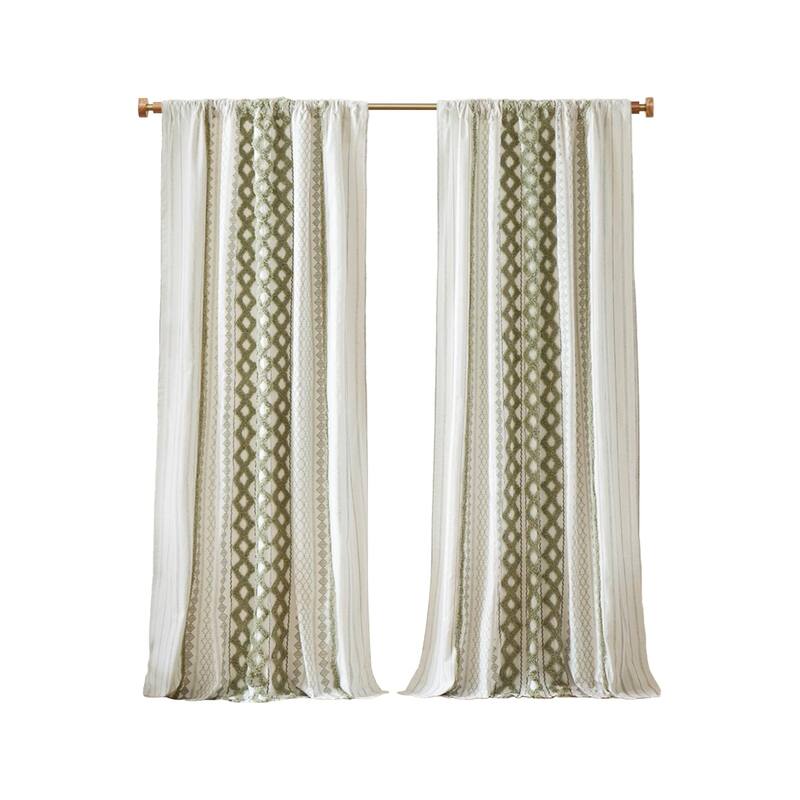1PC Cotton Printed Curtain Panel with Chenille Stripe and Lining - Green - 95 Inches