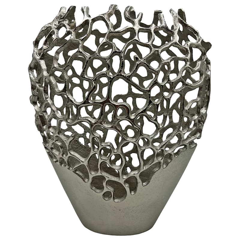Decorative Handmade Aluminum Bird Nest Flower Vase - 11 x 5 x 14 in - Nickel