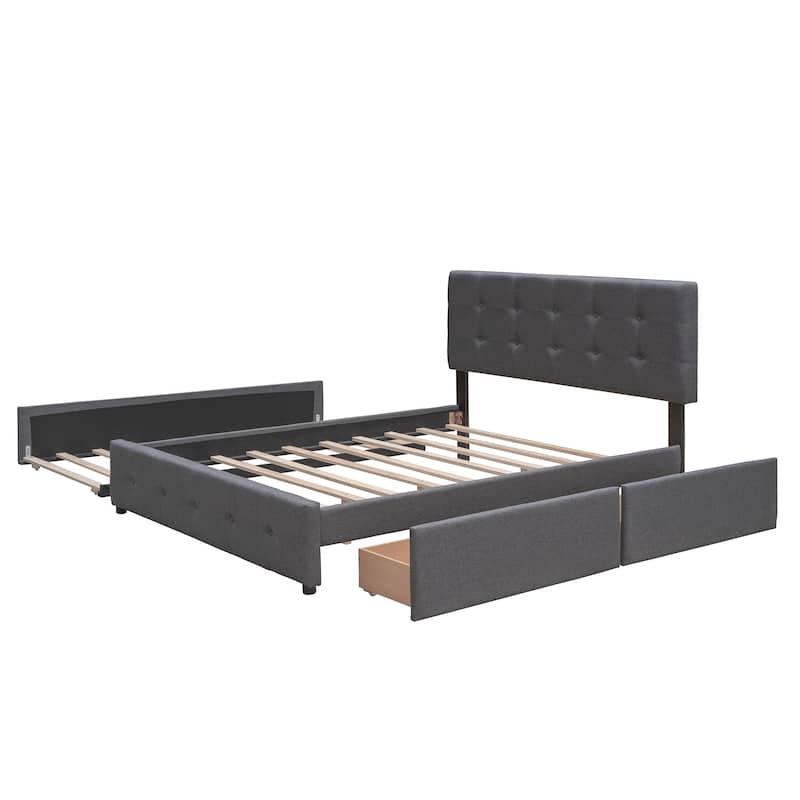 Upholstered Platform Bed with 2 Drawers and 1 Twin XL Trundle, Linen Fabric, Queen Size - Dark Beige