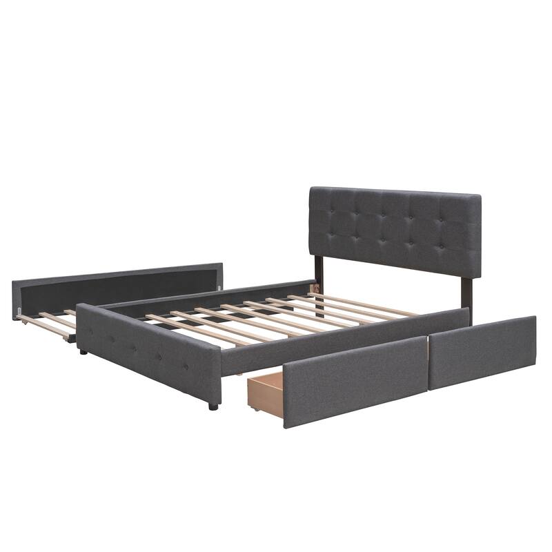 Upholstered Platform Bed with 2 Drawers and 1 Twin XL Trundle, Linen Fabric, Queen Size