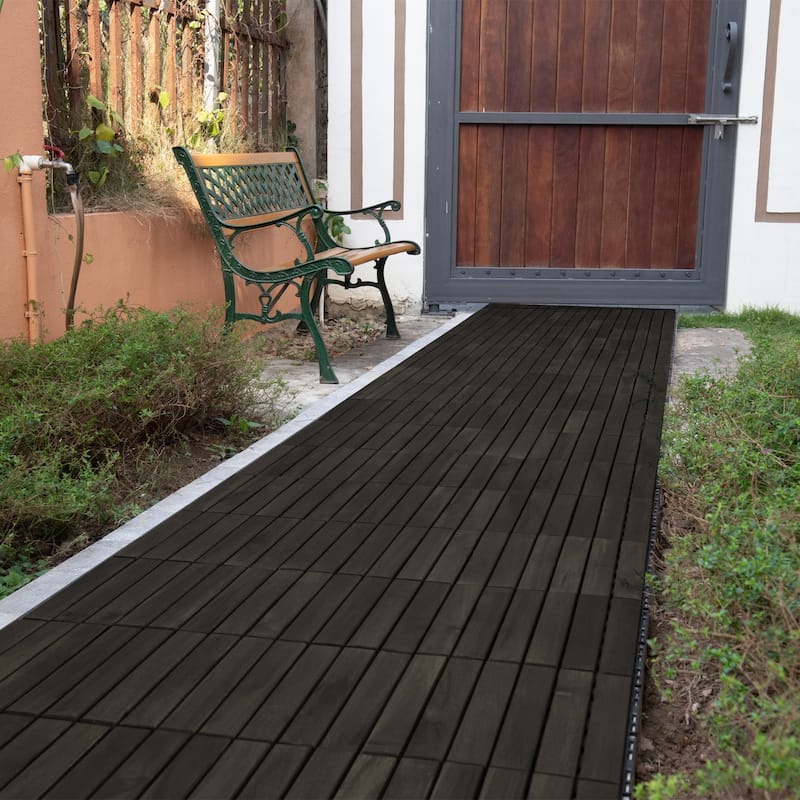 1 ft. x 1 ft. Acacia Wood Outdoor Patio Interlocking Deck Tiles-10 PCS - Dark Brown - Striped Pattern - 10 PCS