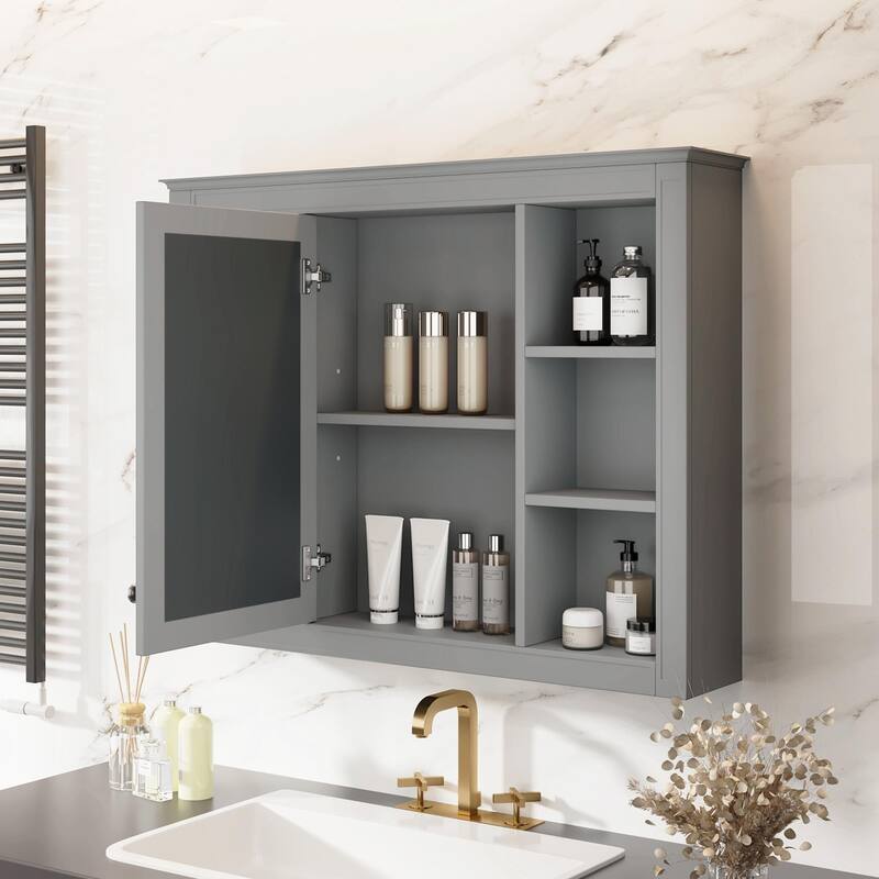 Modern Wall-Mounted Bathroom Storage Cabinet with Mirror - Includes 6 Open Shelves