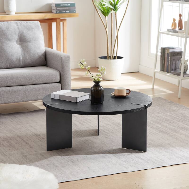 Low Coffee Table Round Accent Table with Walnut Woodtop and Metel Legs - Black
