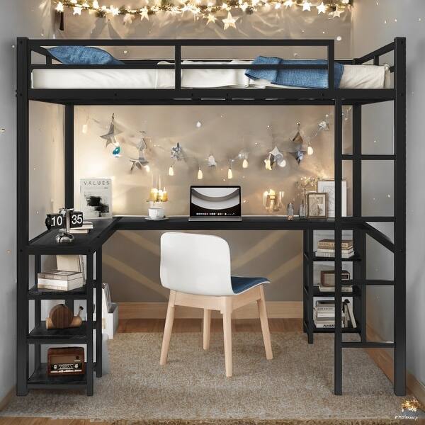 slide 2 of 14, Full Metal Loft Bed with Desk and Shelves, Loft Bed with Ladder and Guardrails, Loft Bed Frame for Bedroom
