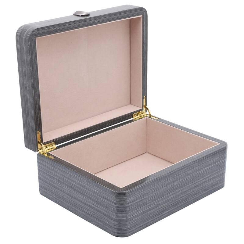 Set of Two, 7"Lx5"Wx3"H/9"Lx5"Wx4"H Wood Boxes with Metal Clasp and Fabric Interior, Gray Finish, Storage Container and