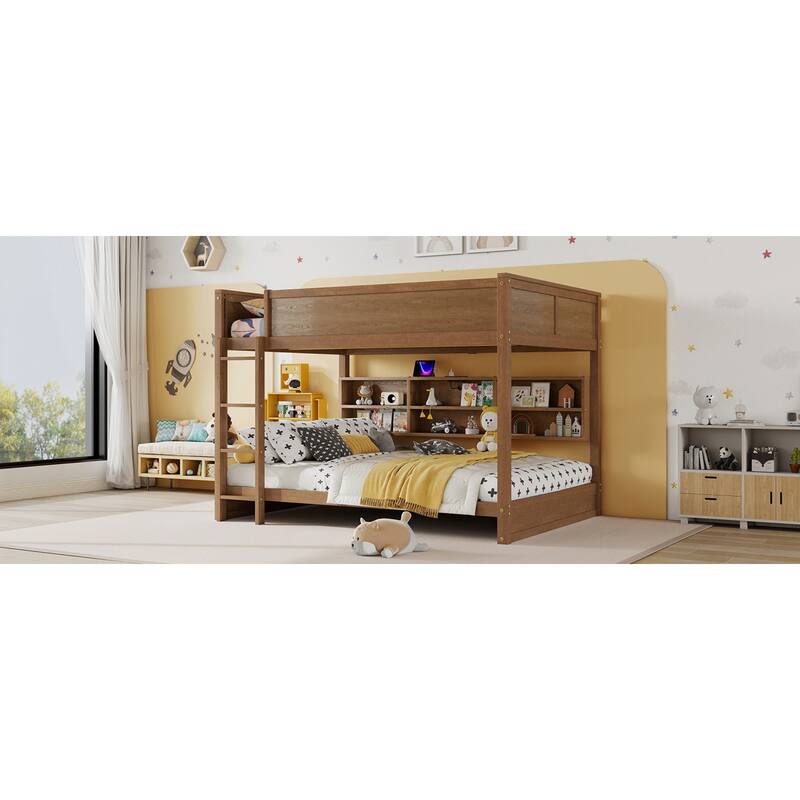 Roomfitters Queen Over Queen Bunk Bed with Storage Cabinets & Charging Station, Solid Pine Wood with Ladder & Guardrails, Wheat