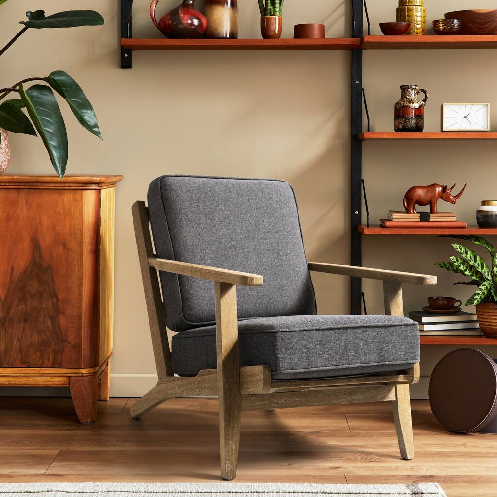 Mid-Century Modern Oak Accent Chair Home Upholstered Wooden Lounge Chair with Cushions