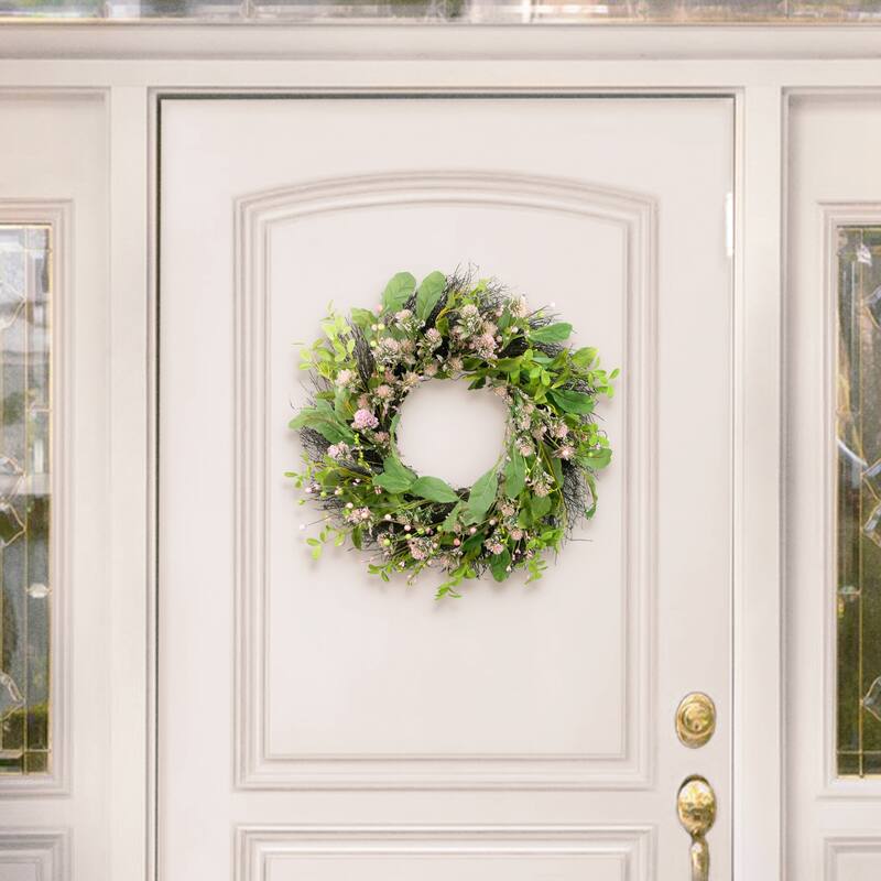 Echinops Artificial Floral Spring Wreath - 24" - Green and Pink