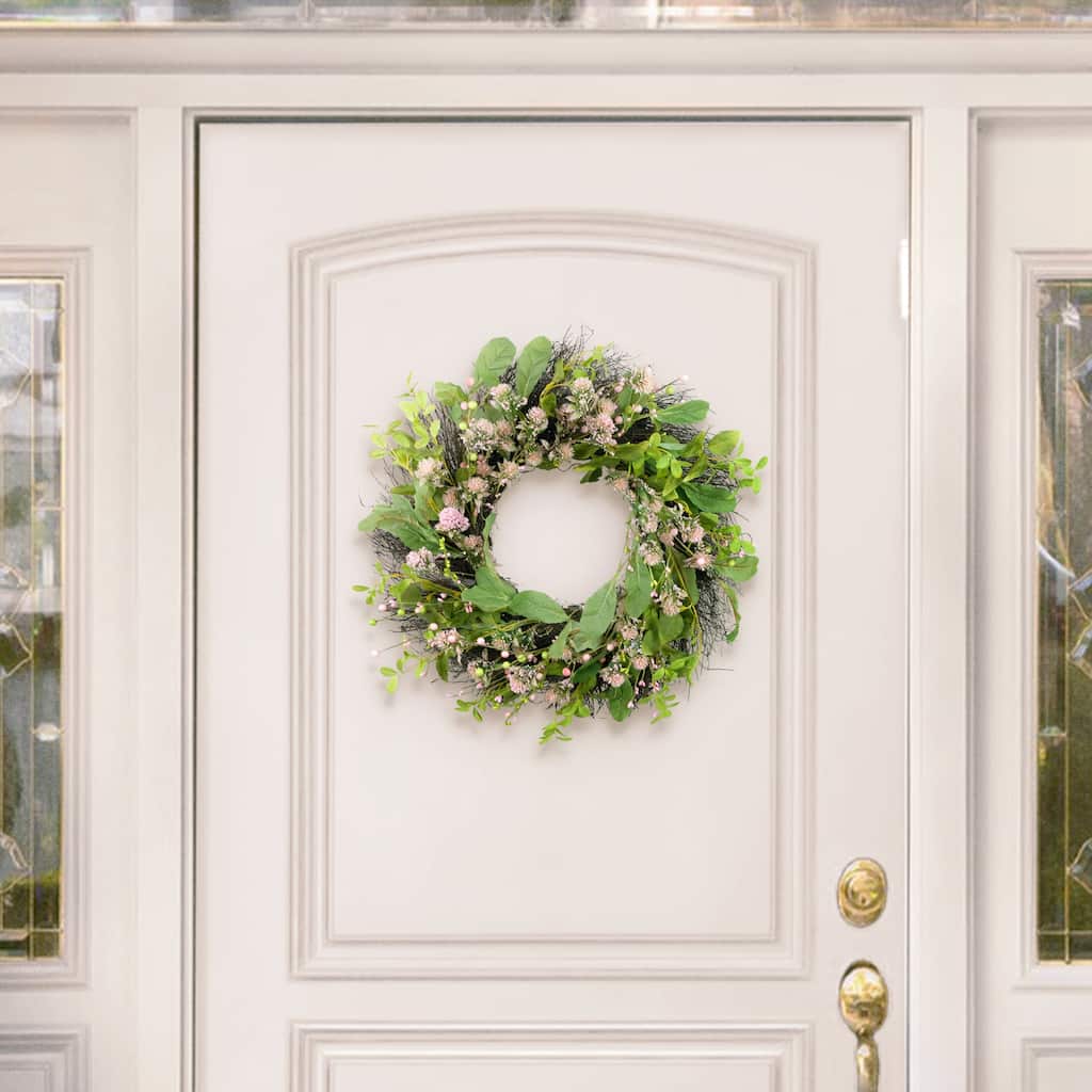 Echinops Artificial Floral Spring Wreath - 24" - Green and Pink