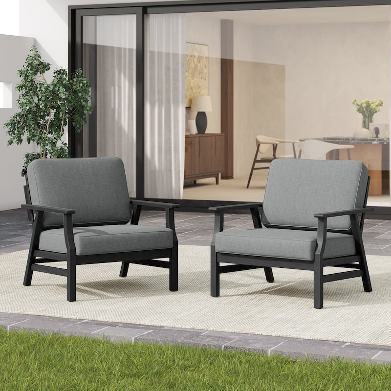 2 Set Outdoor Club Chairs with Cushions Teak Wood Patio Chairs - Grey/BLACK WOOD