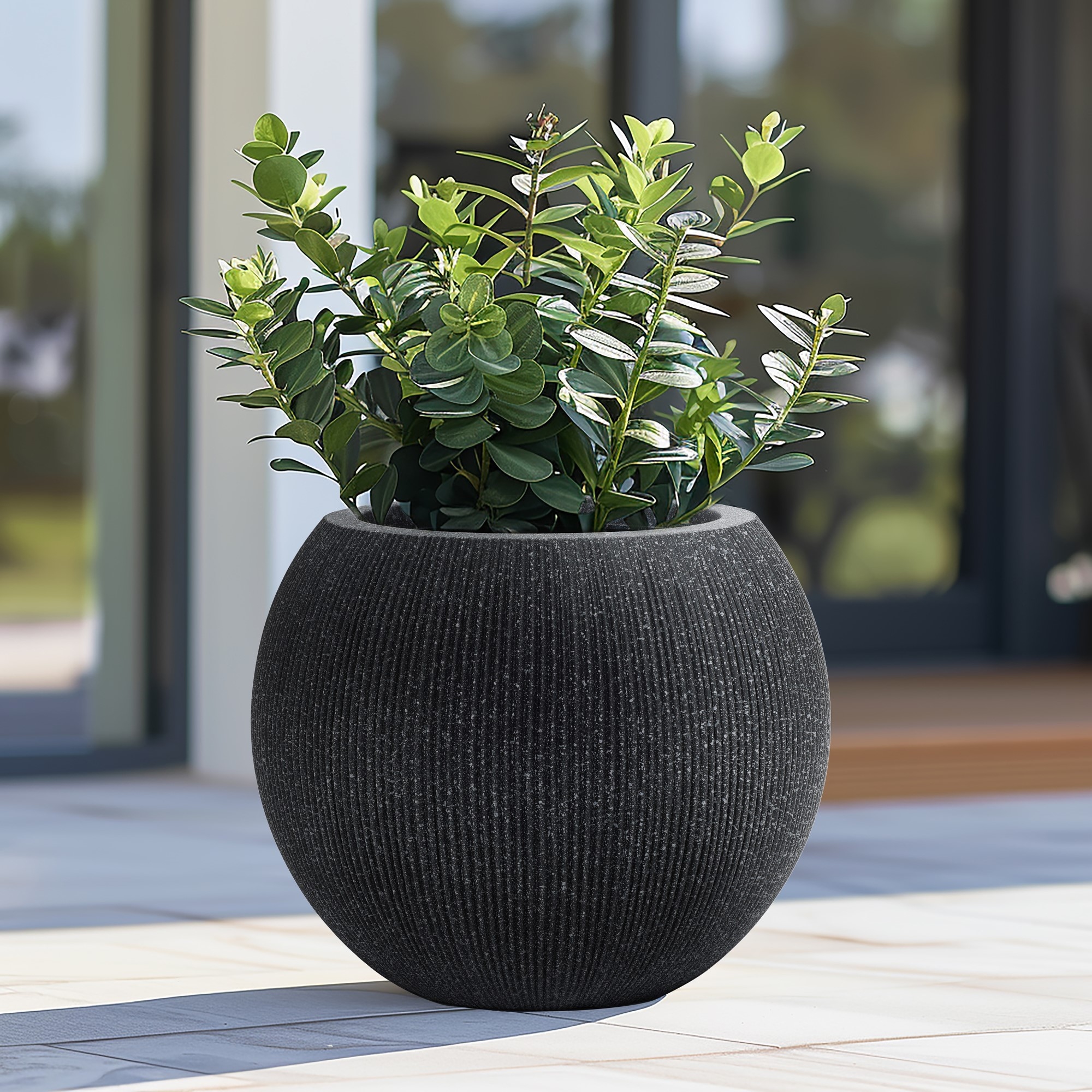 14.5" Round Bowl Plastic Planter, Mediterranean Style - Mediterranean Black