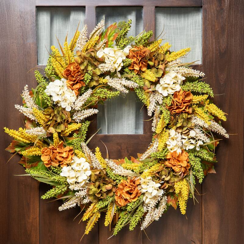 White Orange Hydrangea Artificial Fall Harvest Twig Wreath, 28", Unlit