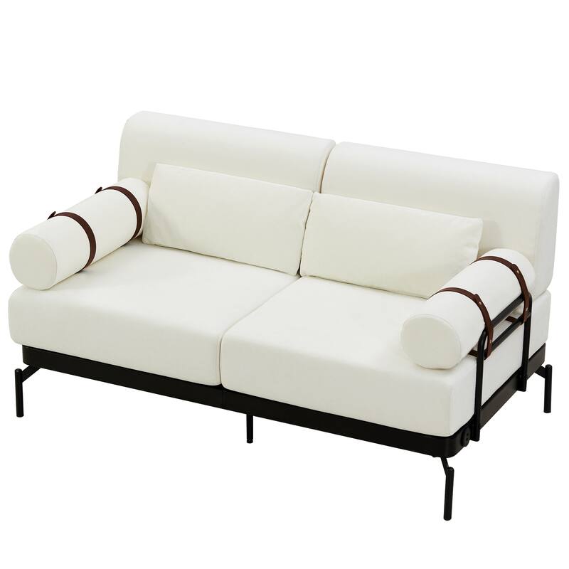 Chenille Loveseat Sofa, 59" 2 Seater Sofa with USB Ports, Round Arms, Adjustable Faux Leather Straps for Living Room