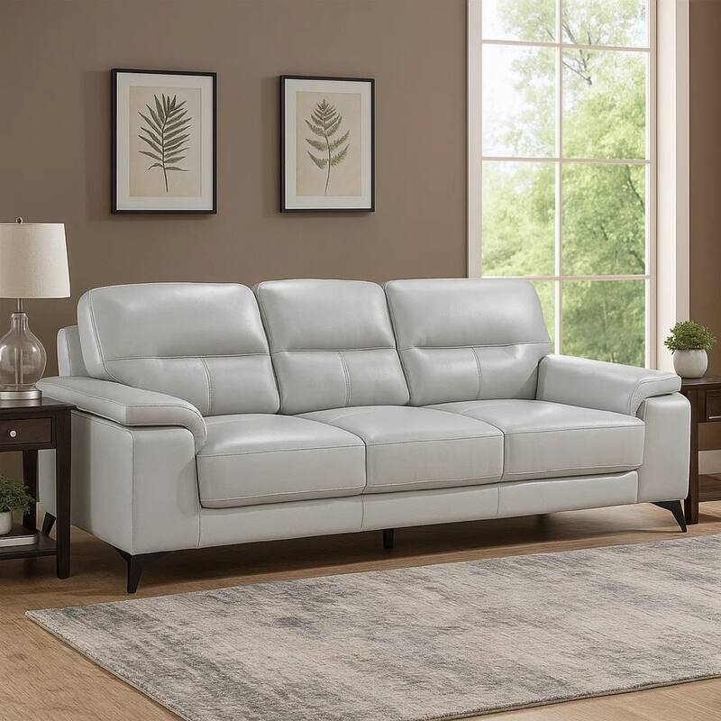 Mica 89 Inch Sofa, Light Gray Top Grain and Faux Leather, Black Metal Legs