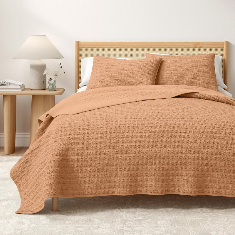 Linery & Co. Cotton Honeycomb Waffle Garment Washed Quilt Set - Clay - Queen