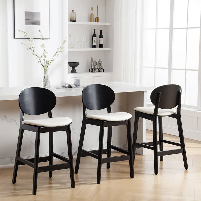 26-Inch Upholstered Wood Counter Stool/ Barstools - 37.4"H x 17.3"W x 18.7"D - Set of 3 - Cream