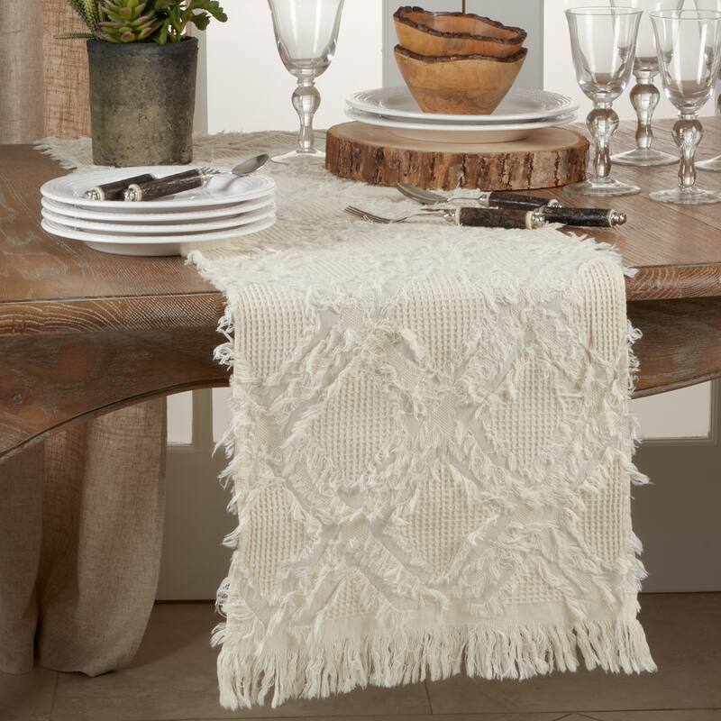 Waffle Weave Table Runner With Fringe Design - Ivory - 16"x72"