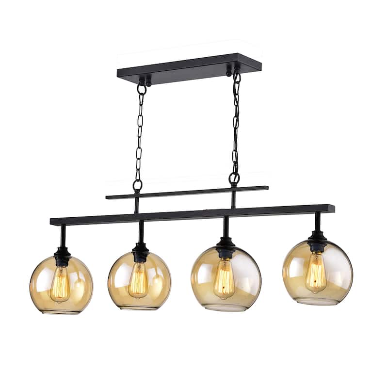 Antique Black 4-Light Linear Kitchen Island Chandelier with Amber Glass Shades