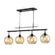 Antique Black 4-Light Linear Kitchen Island Chandelier with Amber Glass Shades