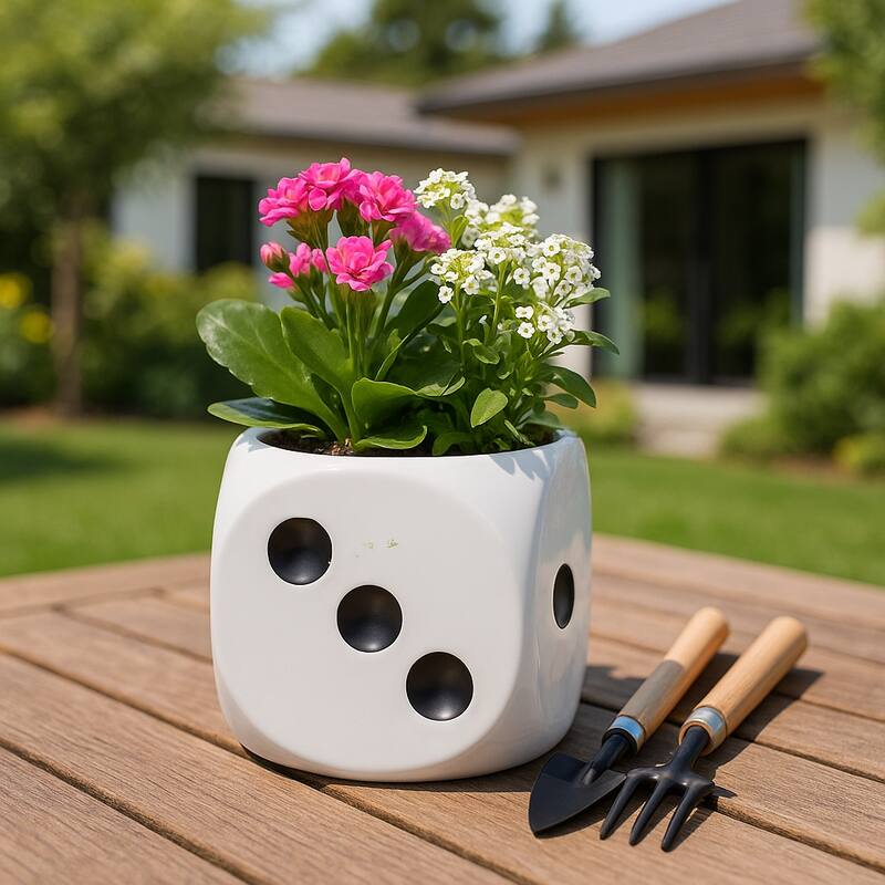 Decorative Ceramic Dice Planter - 6", White & Black - 6.0"
