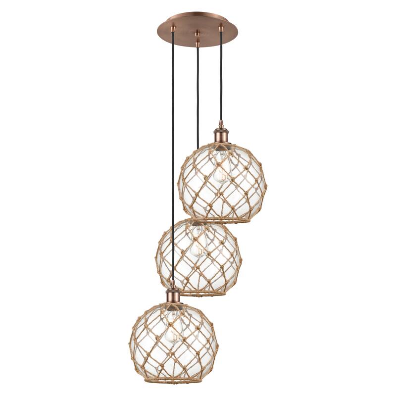 Innovations Lighting Endless Possibilities Ballston - Farmhouse Rope - 3 Light 17" Cord Hung Multi Pendant - Clear Glass with Brown Rope/Antique Copper