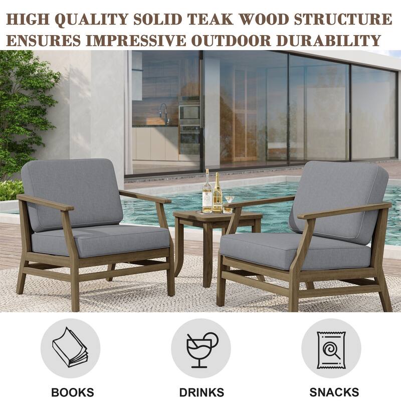 2 Set Patio Teak Wood Outdoor Chair and Side Table Set with Cushions