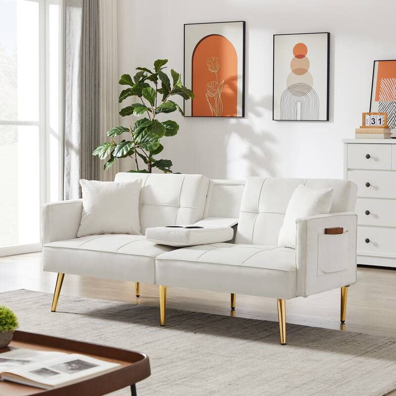 Velvet Futon Sofa Bed with Gold Metal Legs for Living Room, Entryway, Hallway, Office