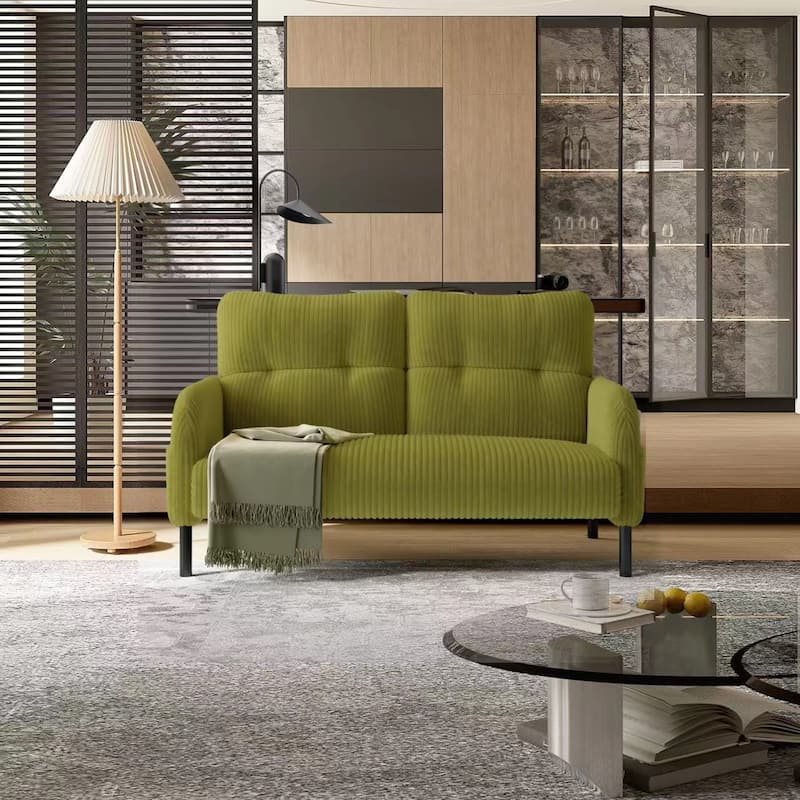 Corduroy Fabric,Comfortable Monochrome Double Sofa,Suitable For Living Rooms And Bedrooms - Olive Green