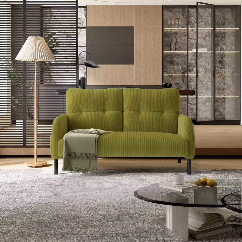 Corduroy Foam Upholstered Loveseat Couch Ergonomic Lounge Sofa with Side Pockets and Solid Wood Frame Soft 2 Seater Sofa - Olive Green