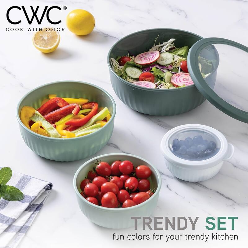 COOK WITH COLOR Prep Bowls with Lids- Wide and Deep Nesting Plastic Mixing Bowl Set with Lids 8 Piece Set, Black/White