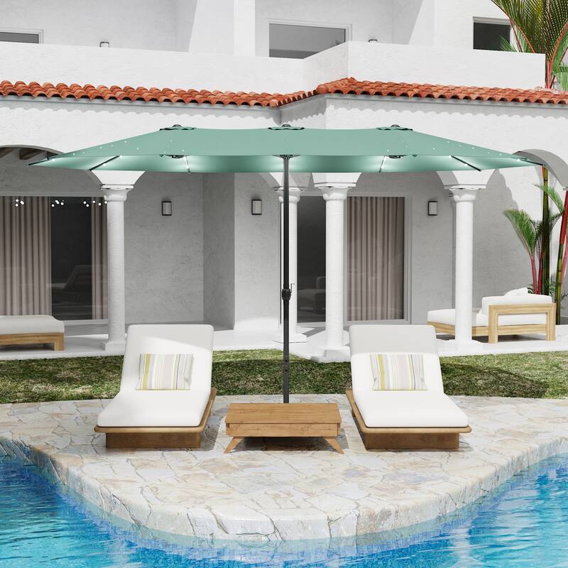 15ft Solar LED Double Patio Umbrella with Base, Extra Large Twin Outdoor Market Umbrella with 36 Lights, 180g Polyester Canopy