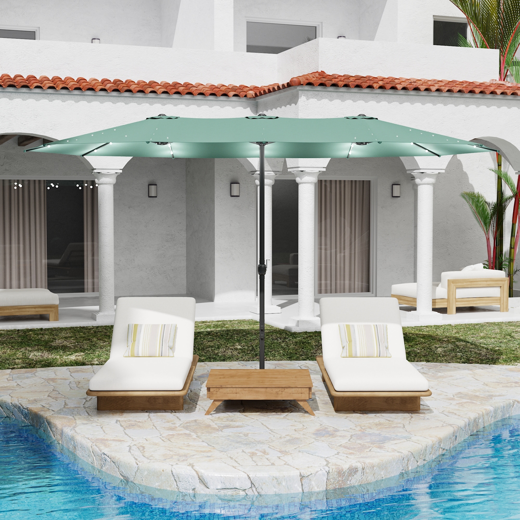 15 ft patio umbrella with led lights FUFU&GAGA ft. x 9 ft. Steel Double-Sided Market Solar LED, Base, Sandbags and Protective Cover in Beige Patio umbrella provides expansive 15ft shade LAZZO 15 ft. Large Patio