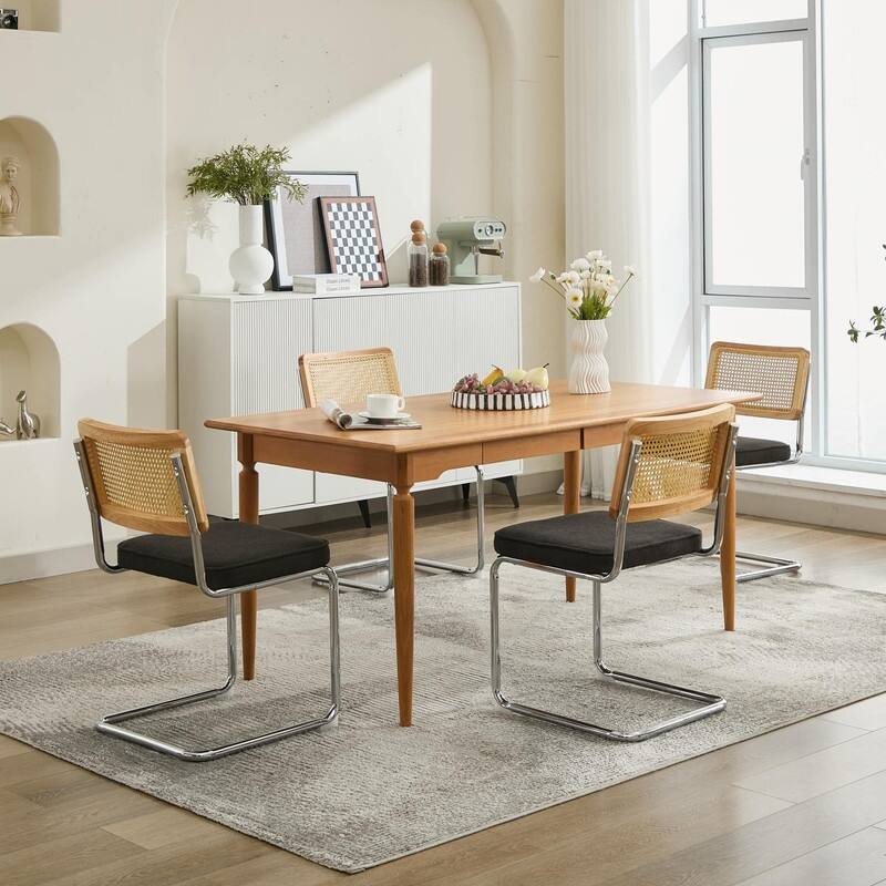 Mid Century Modern Dining Chairs Set of 2, Natural Cane Back & Stainless Chrome Base, Upholstered Rattan Kitchen Chairs