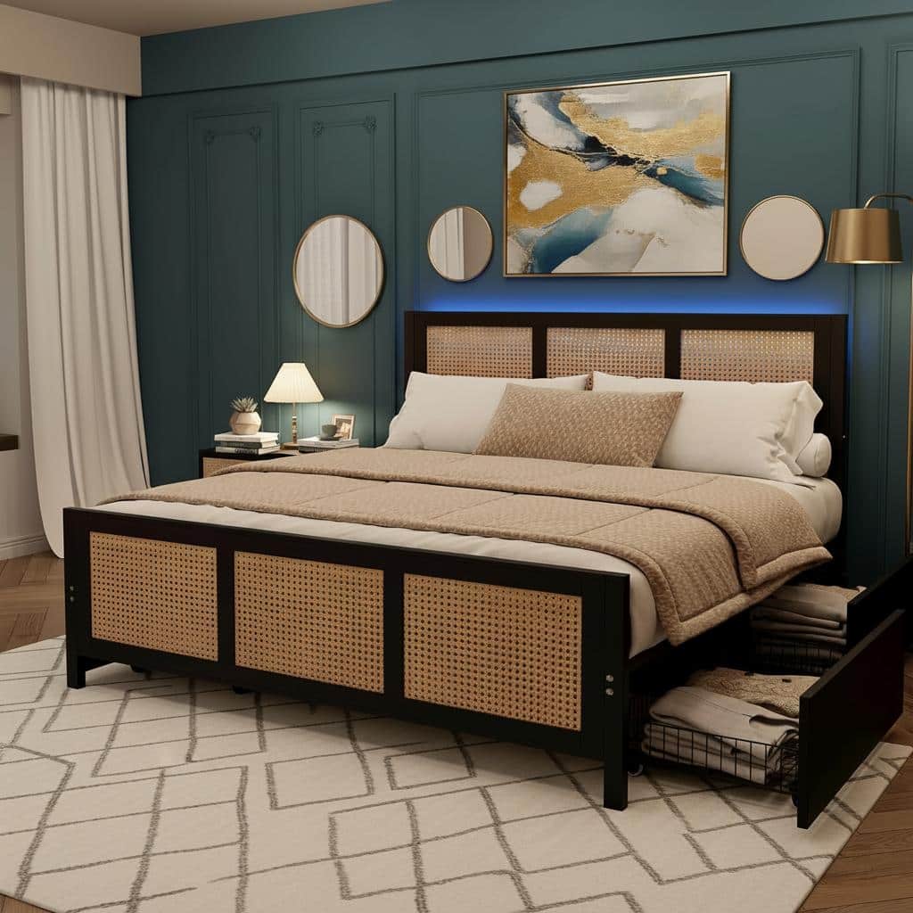 Rattan Bed Frame with Headboard, with 4 Drawers