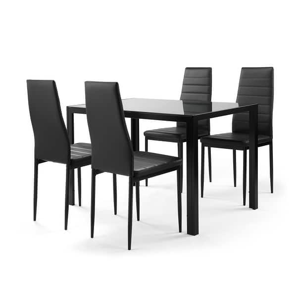 slide 2 of 9, 5Pcs Glass Top&Upholstered Dining Set with 1 Table&4 Faux Leather Chairs for Small House Apartment Dining Room Black