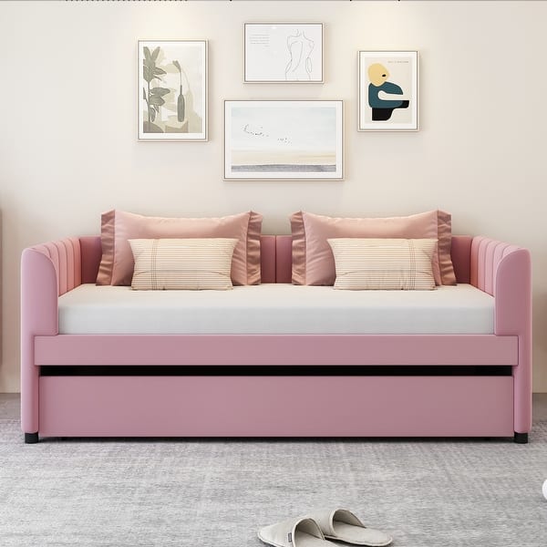slide 2 of 11, Twin Size Velvet Upholstered Daybed with Trundle Bed and Ergonomic Design Backrest, Apartment Livingroom Sofa Bed, Pink Pink