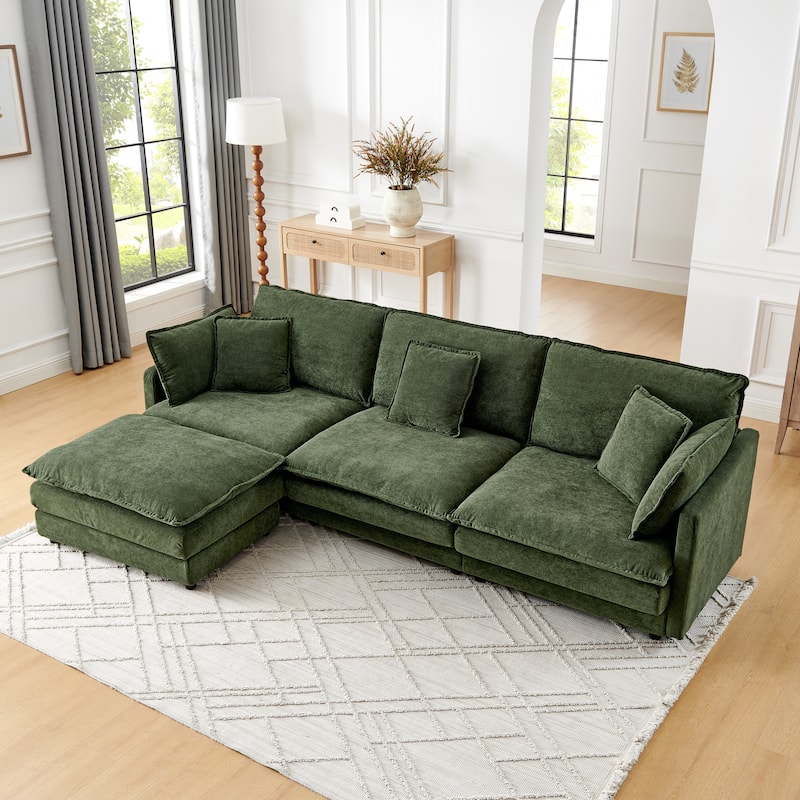 Classic Sectional Sofa with Storage Ottoman and Towel Fabric Upholstery for Living Room or Guest Room