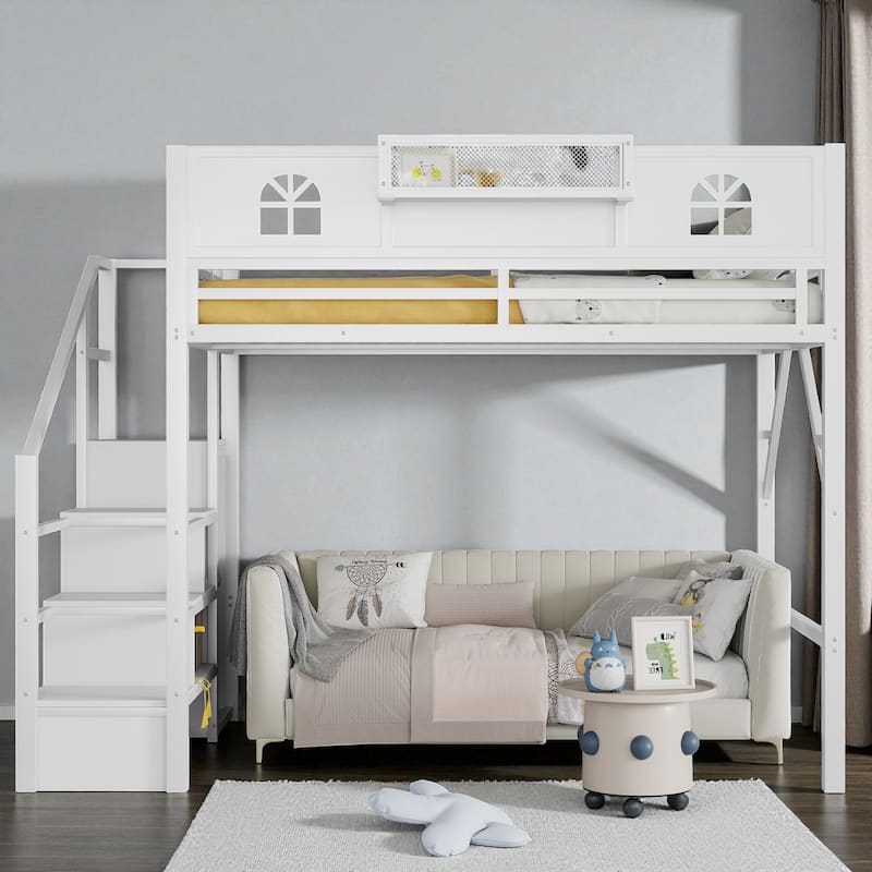 Full/Queen Size Metal Loft Bed with Stairs and Wardrobe, High Loft Bed with House-Shaped Guardrails for Kids and Teens - White - Full
