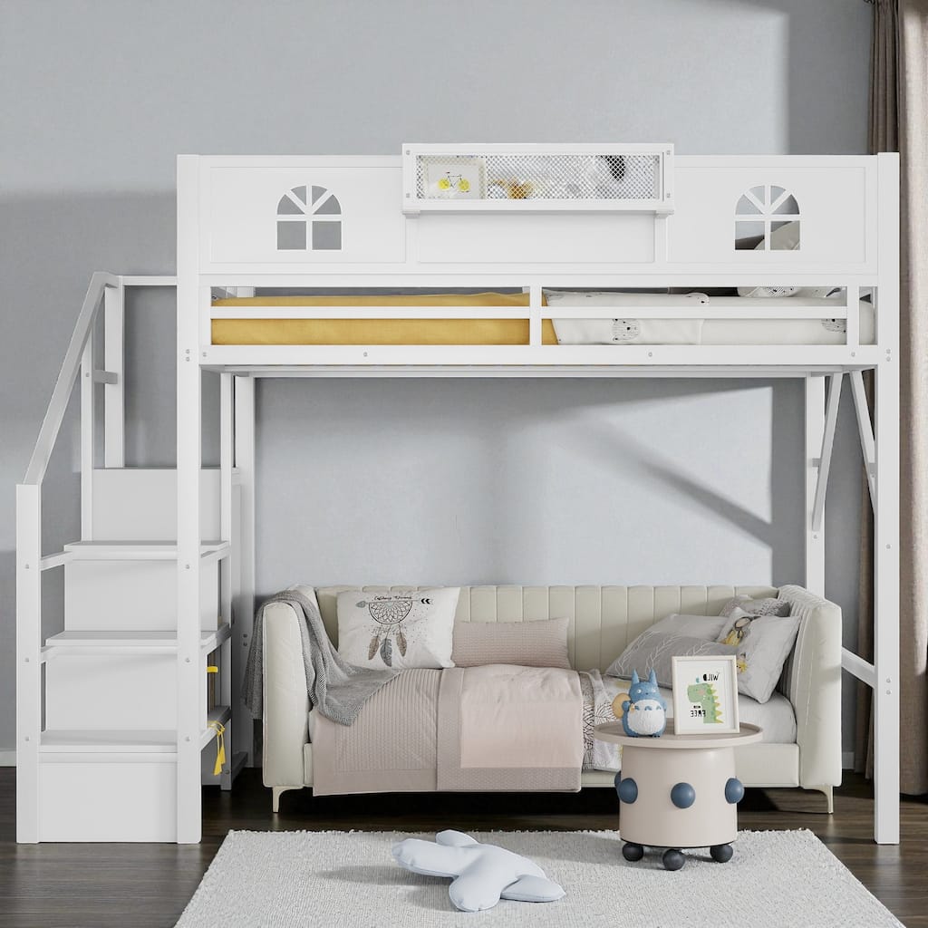 Full/Queen Size Metal Loft Bed with Stairs and Wardrobe, High Loft Bed with House-Shaped Guardrails for Kids and Teens
