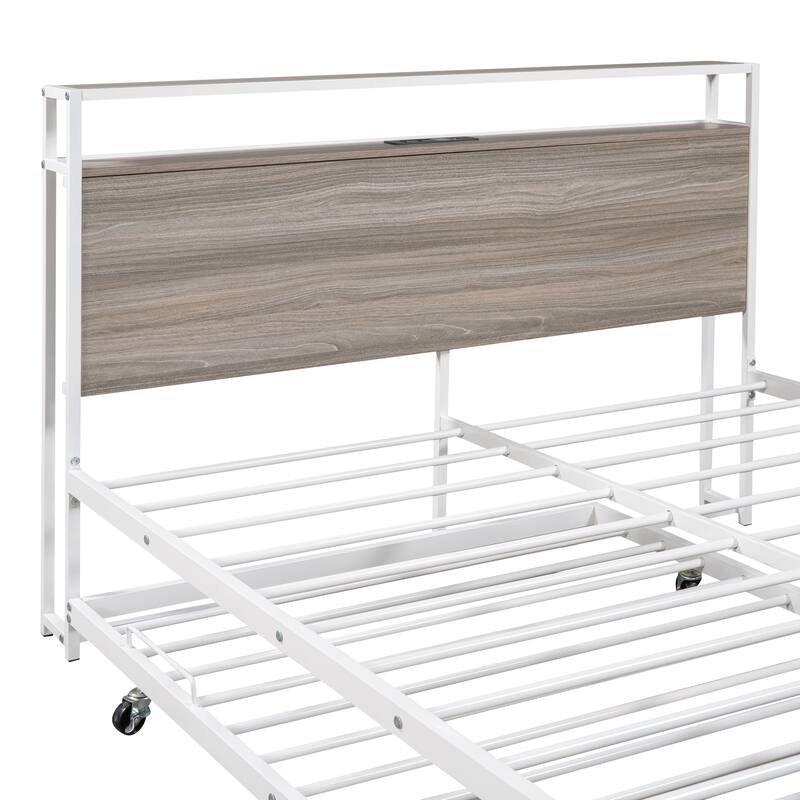 Full Size Metal Platform Bed Frame with Trundle, USB Ports, and Slat Support, No Box Spring Needed, White