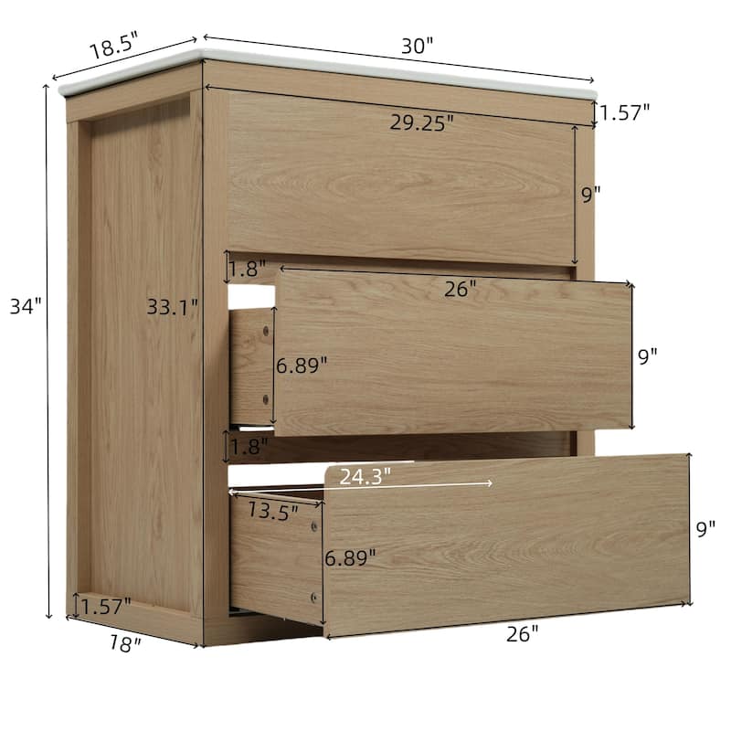 30"Bathroom Vanity with Ceramic Sink and 2 Drawers, Freestanding Vanity with Smooth Drawer Slides & Waterproof Finish