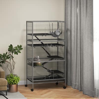 Grey Steel 6-Tier Small Pet Cage with Ramp, Hammock and Wheels - 31.5" L x 20.5" W x 62.6" H