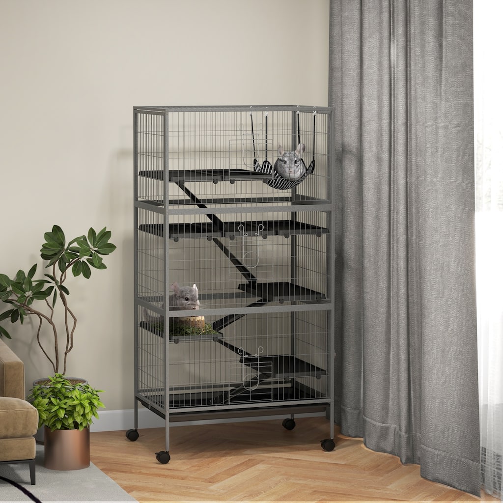 Grey Steel 6-Tier Small Pet Cage with Ramp, Hammock and Wheels - 31.5" L x 20.5" W x 62.6" H