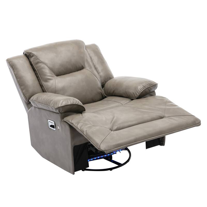 PU Swivel Rocker Recliner with LED Light, Manual Recliner Chair for Home Theater, Soft Upholstered Single Sofa Chair