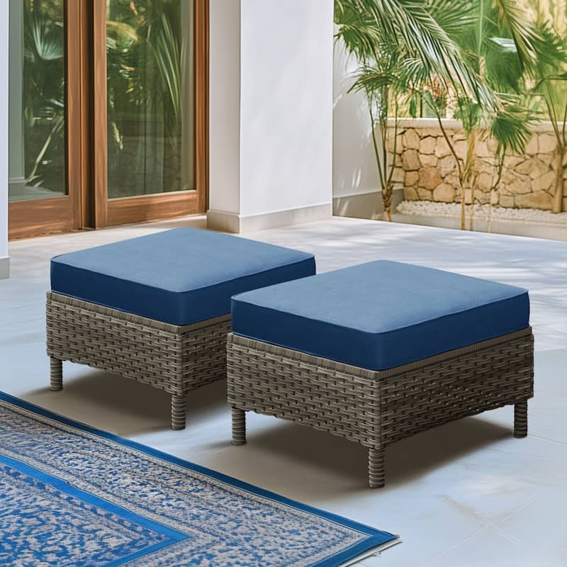 Outdoor Rattan Wicker cushioned Footstool Ottomans Set of 2 - Brown Frame - Blue/Brown