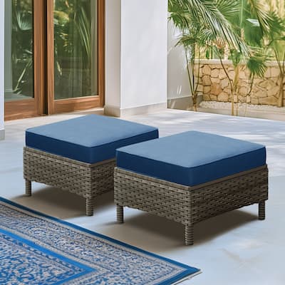 Outdoor Rattan Wicker cushioned Footstool Ottomans Set of 2