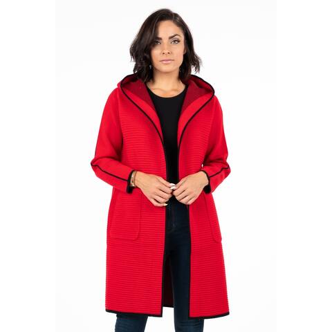Women's Red Heavy Knit Hooded Cardigan with Pockets
