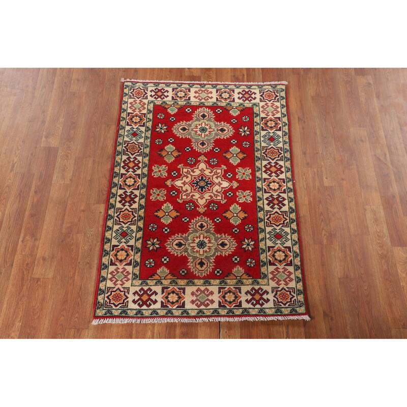 Kazak Accent Rug Hand-Knotted Geometric Red Wool Carpet - 2'10" x 4'1"