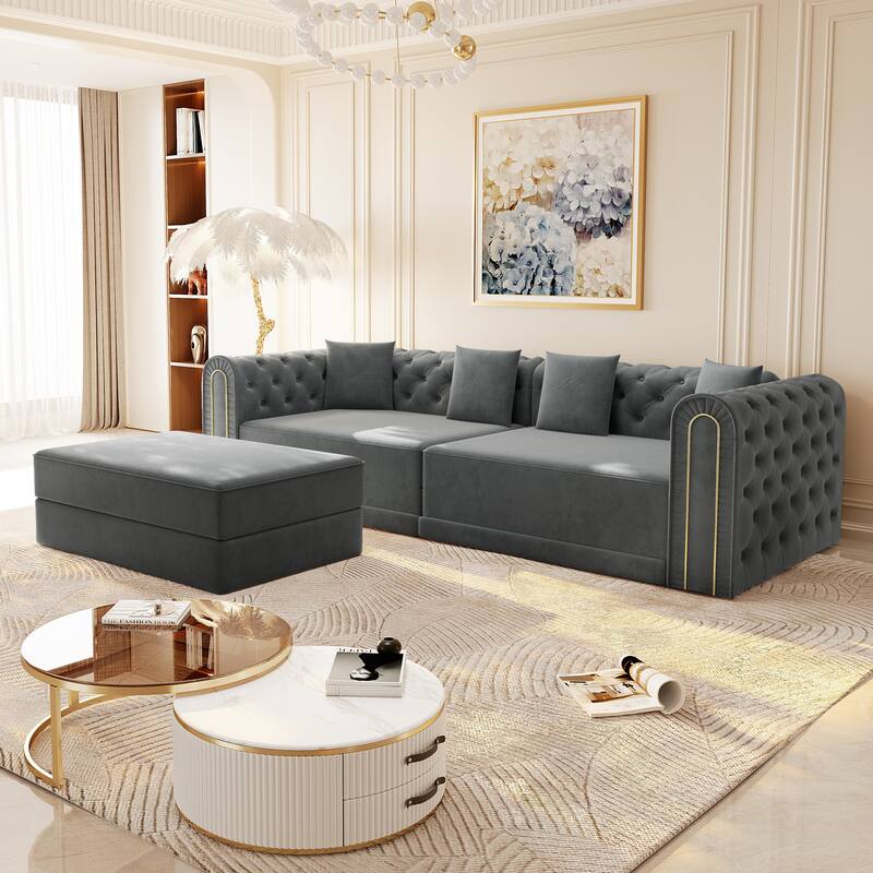 GDFStudio - 90.6" 3-in-1 Convertible Velvet Sleeper Sofa with Movable Ottoman